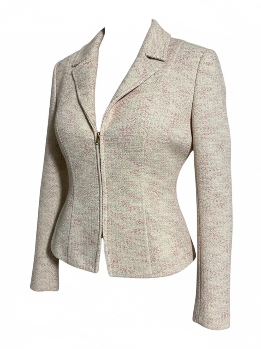 St. John Cream and Pink Tweed Zip Blazer with Gold Zip